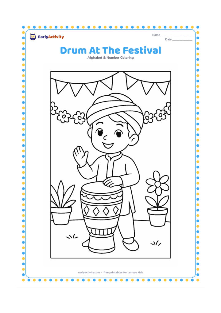 Colouring page: A child plays a decorated hand drum at an outdoor Indian celebration, with simple bunting, flower garlands and a few potted plants in the background. Keep all decorations as plain shapes…