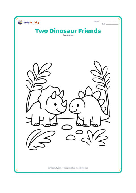 Colouring page: A small Triceratops and a small Stegosaurus stand side by side and smile at each other. Add a few large ferns and a simple rocky ground.