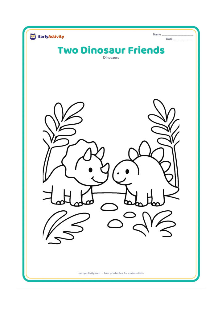 Colouring page: A small Triceratops and a small Stegosaurus stand side by side and smile at each other. Add a few large ferns and a simple rocky ground.
