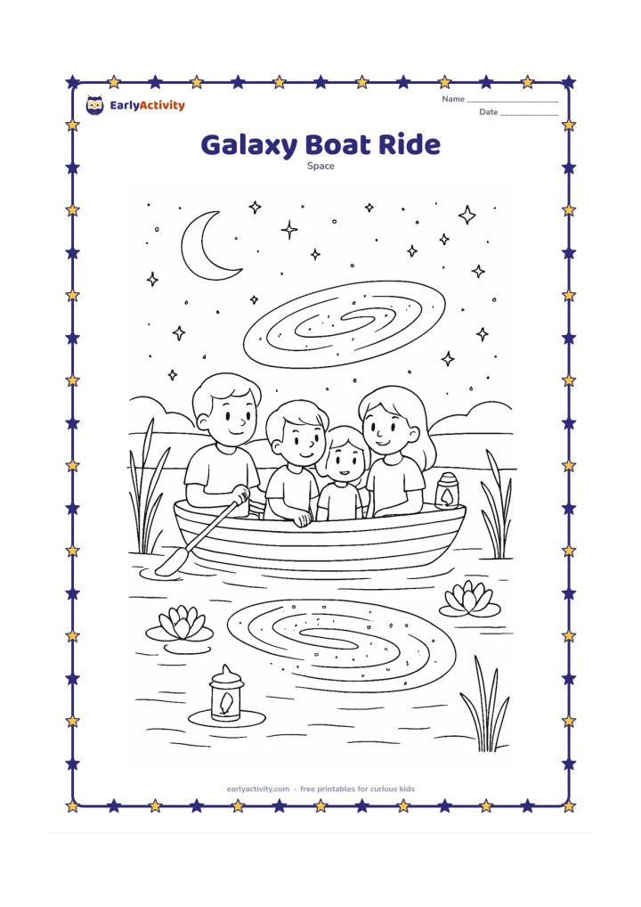Colouring page: A family rides in a small boat on a calm lake at night while an oval galaxy reflects in the water. Add reeds, lotus flowers, distant hills, a small lantern, a crescent moon and layered…