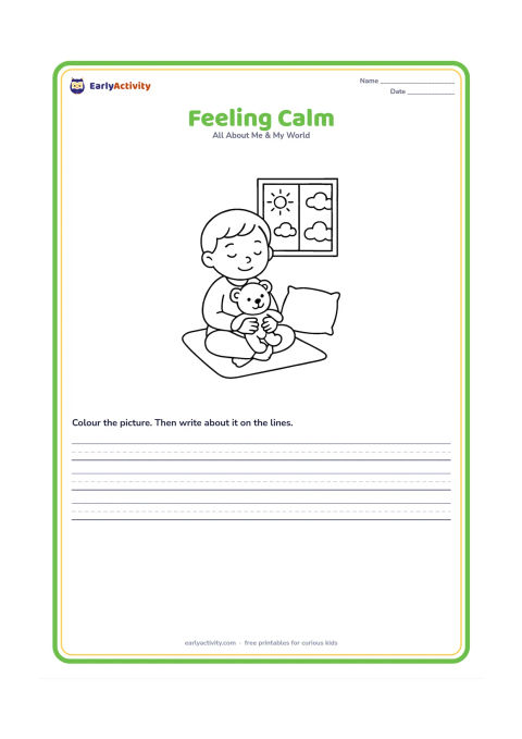 Worksheet: A relaxed child sits cross-legged on a mat, smiling gently and holding a soft toy. Include a small cushion and a sunny window with simple cloud shapes.