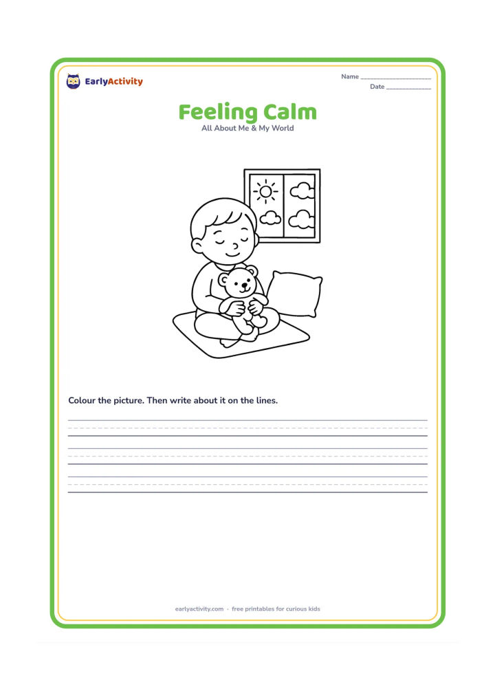 Worksheet: A relaxed child sits cross-legged on a mat, smiling gently and holding a soft toy. Include a small cushion and a sunny window with simple cloud shapes.