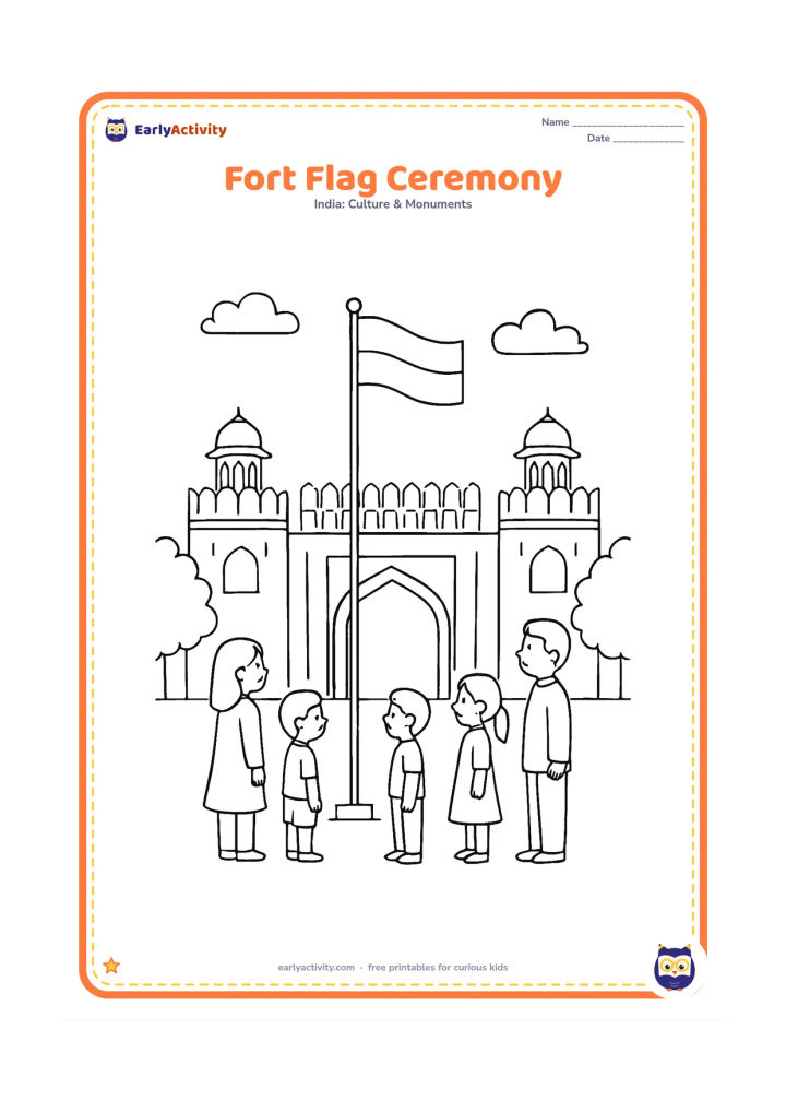 Colouring page: Show the Red Fort wall and main gate during a respectful flag-hoisting ceremony, with a plain three-band flag raised on a pole and a small group of people standing below. Add trees and…