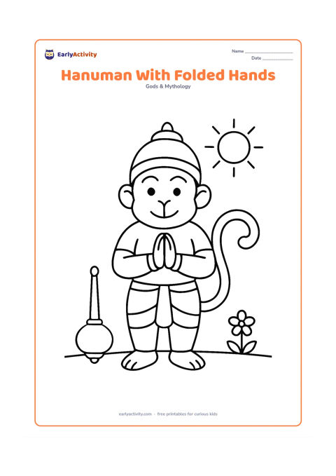 Colouring page: Hanuman stands respectfully with folded hands, a simple gada resting beside him and his long tail curling behind. Place him on a clear ground line with one small flowering plant and a…