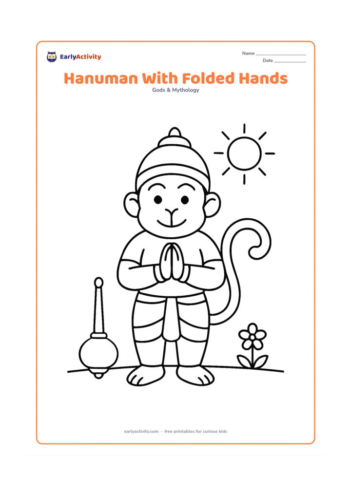 Colouring page: Hanuman stands respectfully with folded hands, a simple gada resting beside him and his long tail curling behind. Place him on a clear ground line with one small flowering plant and a…
