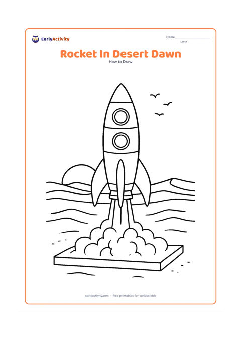 Worksheet: A detailed rocket rises from a launch platform in a desert at dawn, with layered fins, windows, panel sections, landing legs, a low sun, sand dunes and a few distant birds. Do not…