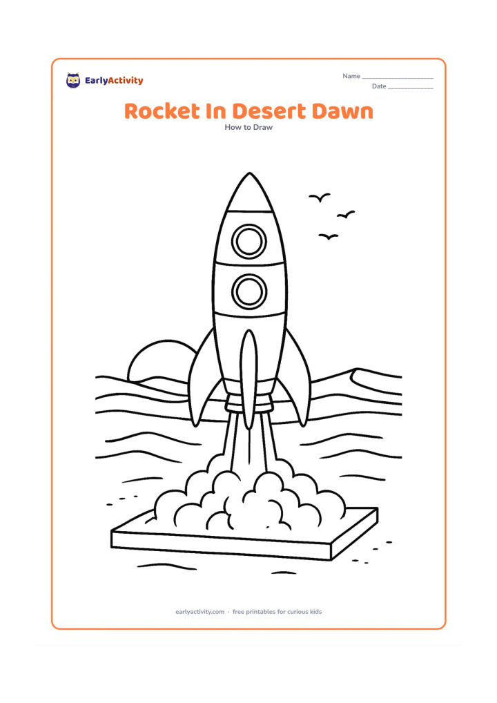 Worksheet: A detailed rocket rises from a launch platform in a desert at dawn, with layered fins, windows, panel sections, landing legs, a low sun, sand dunes and a few distant birds. Do not…