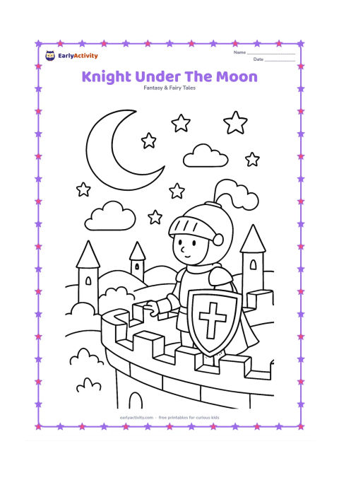 Colouring page: A knight stands on a castle balcony beneath a large crescent moon, holding a shield and looking over rooftops and rounded hills. Add stars, clouds, and a few simple towers.