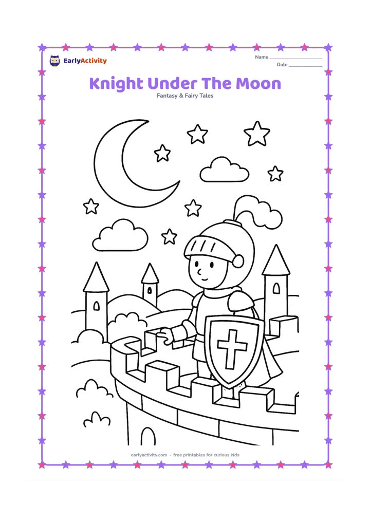 Colouring page: A knight stands on a castle balcony beneath a large crescent moon, holding a shield and looking over rooftops and rounded hills. Add stars, clouds, and a few simple towers.