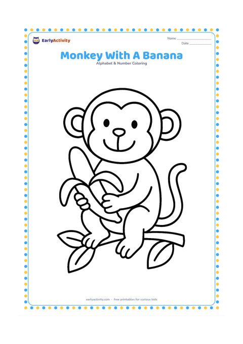 Colouring page: Draw a cheerful seated monkey holding a large peeled banana, with a short curved tail and one leafy branch beneath it. Use a friendly, simple face.