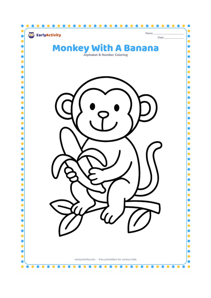 Colouring page: Draw a cheerful seated monkey holding a large peeled banana, with a short curved tail and one leafy branch beneath it. Use a friendly, simple face.