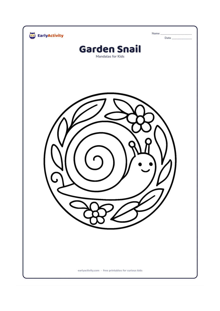 Colouring page: A circular mandala featuring a friendly snail in the centre, with its spiral shell forming the main repeated circle. Add a few large leaves, flowers and curved lines around the outer edge.