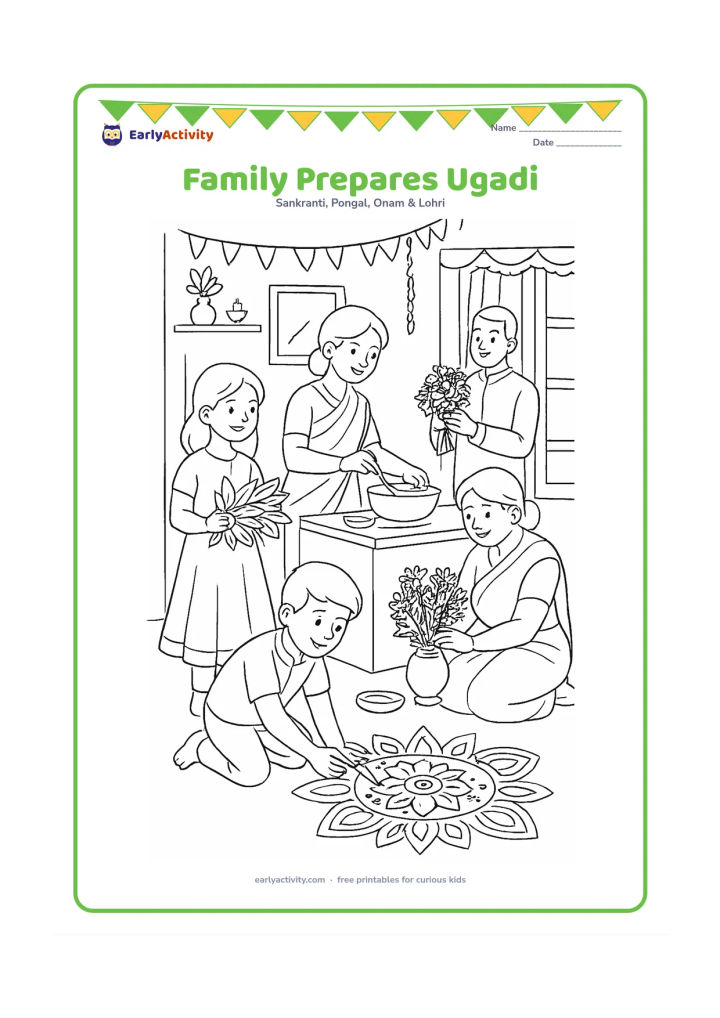 Colouring page: A large family works together inside a decorated home: one person arranges flowers, another prepares pachadi, a child carries leaves and another places a diya near a rangoli.