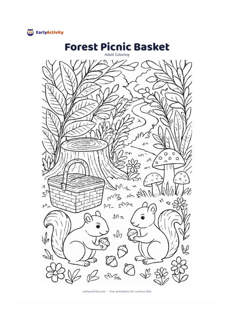 Colouring page: Draw a closed picnic basket beside a tree stump, surrounded by large ferns, mushrooms, wildflowers, and a winding woodland path. Include two friendly squirrels gathering acorns in the…