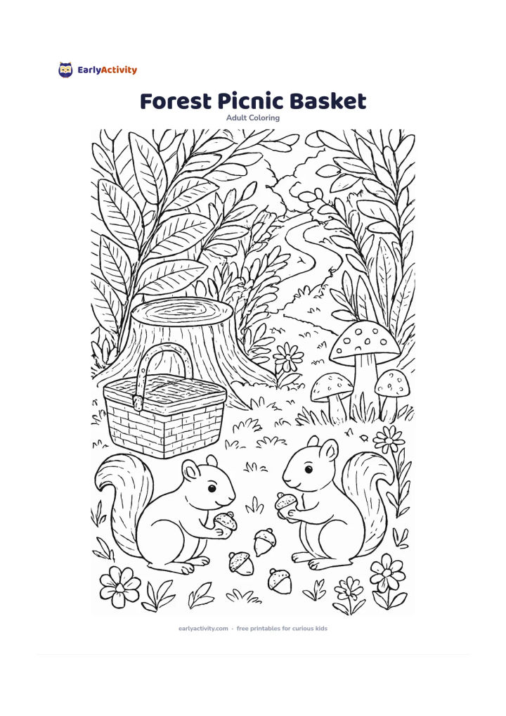Colouring page: Draw a closed picnic basket beside a tree stump, surrounded by large ferns, mushrooms, wildflowers, and a winding woodland path. Include two friendly squirrels gathering acorns in the…