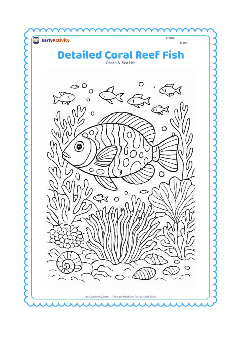 Colouring page: Draw a large patterned reef fish swimming through a richly filled coral reef, with branching coral, sea fans, anemones, bubbles, shells and several small fish in the distance. Show…