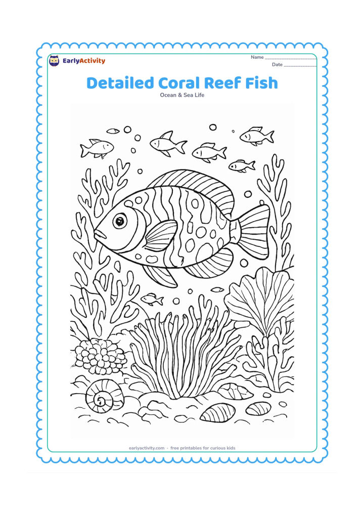 Colouring page: Draw a large patterned reef fish swimming through a richly filled coral reef, with branching coral, sea fans, anemones, bubbles, shells and several small fish in the distance. Show…