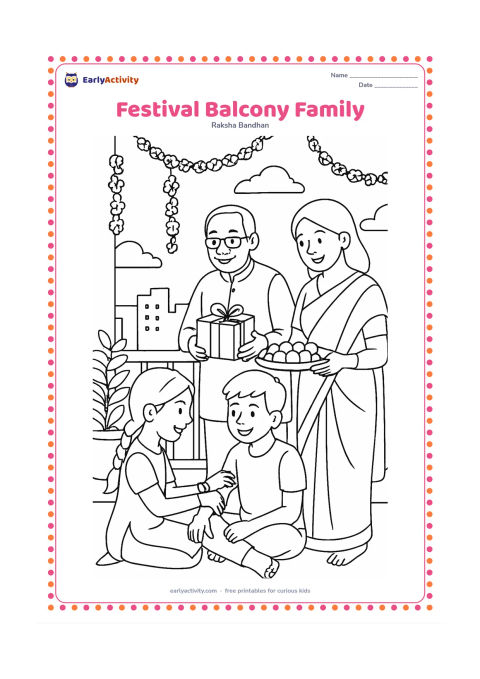 Colouring page: A family celebrates Raksha Bandhan on a decorated apartment balcony, with a sibling tying a rakhi, another offering sweets and a grandparent holding a gift. Include railings, potted…
