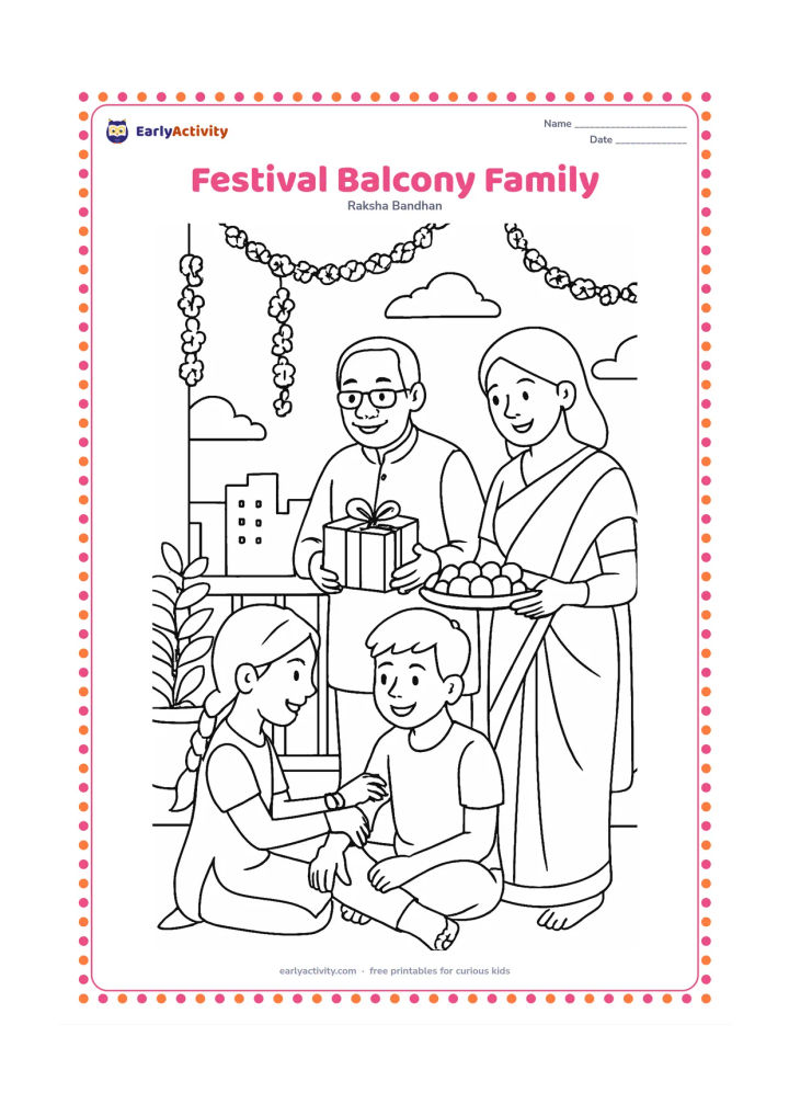 Colouring page: A family celebrates Raksha Bandhan on a decorated apartment balcony, with a sibling tying a rakhi, another offering sweets and a grandparent holding a gift. Include railings, potted…