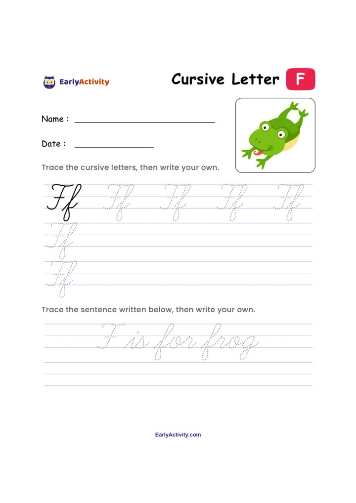 Worksheet with cursive uppercase and lowercase F tracing lines, writing practice lines, an F sentence, and a frog illustration.