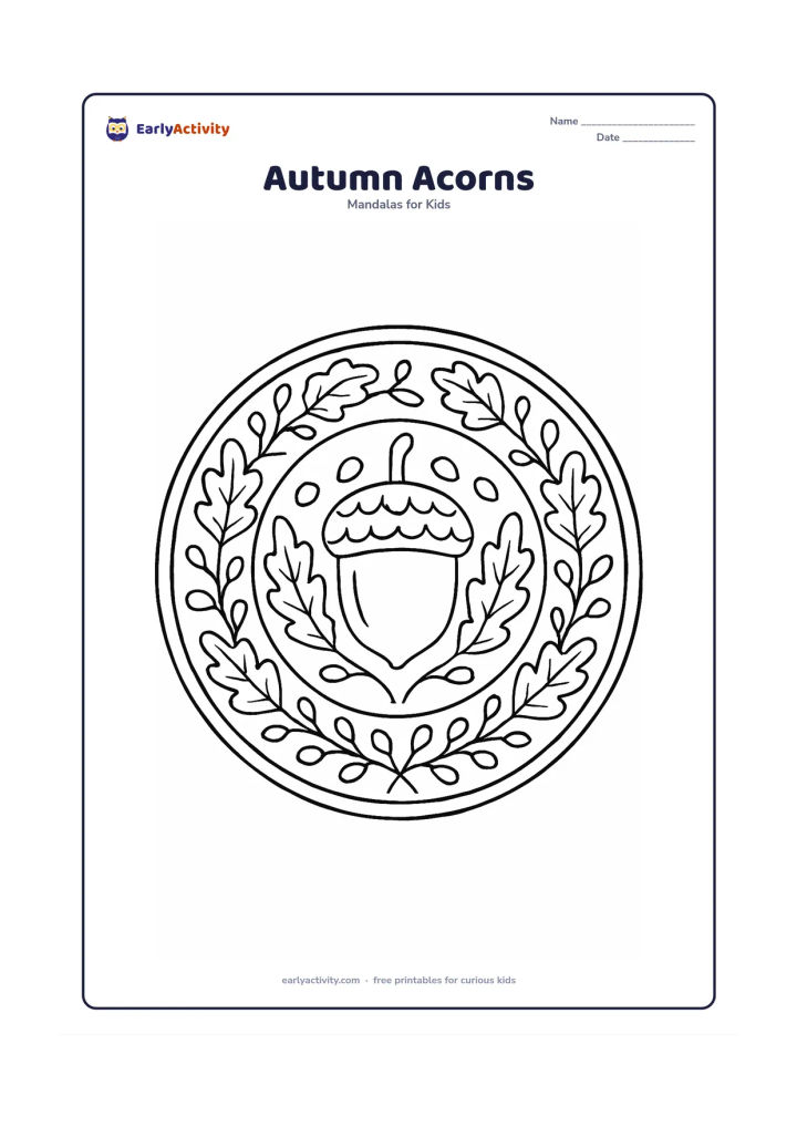 Colouring page: A circular mandala featuring a large acorn and oak leaves at the centre, with repeated leaves, curved branches and small seed shapes forming the surrounding rings. Show a clear seasonal…