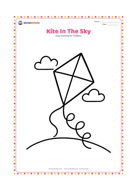 Colouring page: Draw a large diamond-shaped kite with a short curved tail flying above a small grassy hill. Add two simple clouds in the background.
