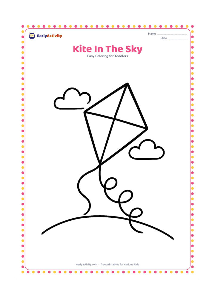 Colouring page: Draw a large diamond-shaped kite with a short curved tail flying above a small grassy hill. Add two simple clouds in the background.