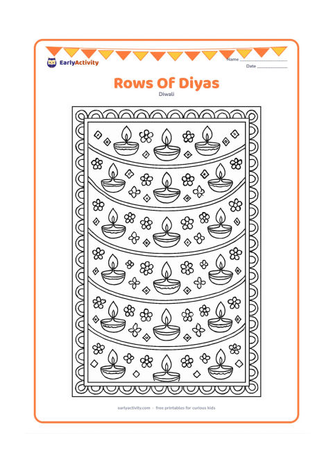 Colouring page: Draw an intricate arrangement of several curved rows of diyas across a courtyard floor, with alternating flower petals and small decorative shapes between the lamps. Add a broad border…