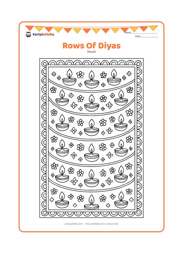 Colouring page: Draw an intricate arrangement of several curved rows of diyas across a courtyard floor, with alternating flower petals and small decorative shapes between the lamps. Add a broad border…