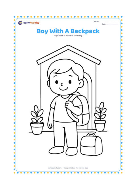 Colouring page: Draw a smiling child standing beside a plain backpack, holding one strap with one hand. Add a simple school doorway, a lunch box and two potted plants without any signs or labels.