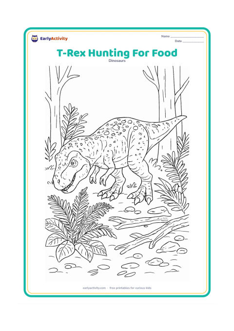 Colouring page: A T-Rex carefully searches among ferns and fallen branches for food, lowering its head while keeping its tail extended for balance. Include a small cluster of harmless plant leaves,…