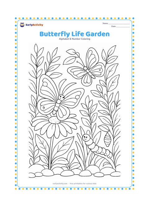Colouring page: Draw a detailed garden scene showing a butterfly on a flower, another near leafy plants and a caterpillar on a stem, with a small empty cocoon nearby. Include layered foliage, stones and…