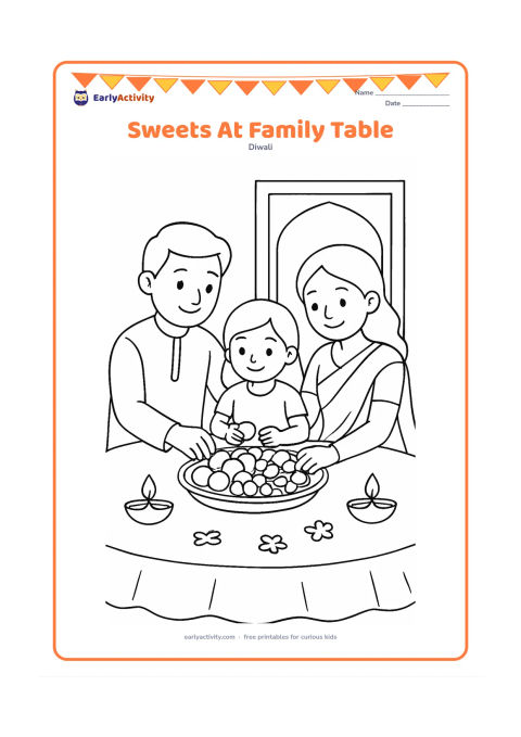 Colouring page: Draw a family of three seated around a low table while sharing a tray of assorted sweets and fruit. Add a simple tablecloth, two diyas, flower petals, and an open doorway behind them.