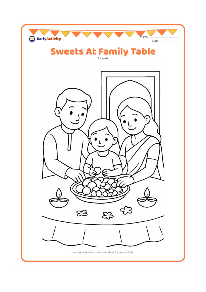 Colouring page: Draw a family of three seated around a low table while sharing a tray of assorted sweets and fruit. Add a simple tablecloth, two diyas, flower petals, and an open doorway behind them.