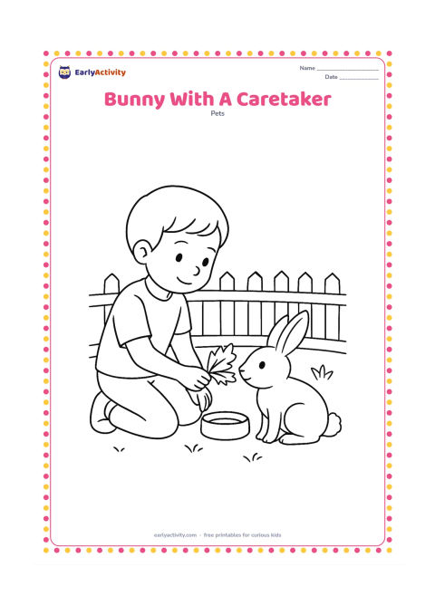 Colouring page: Draw a child gently offering leafy greens to a seated bunny in a safe outdoor pen. Include a low fence, a food bowl, and a small leafy plant, with the child kneeling at the bunny's level.
