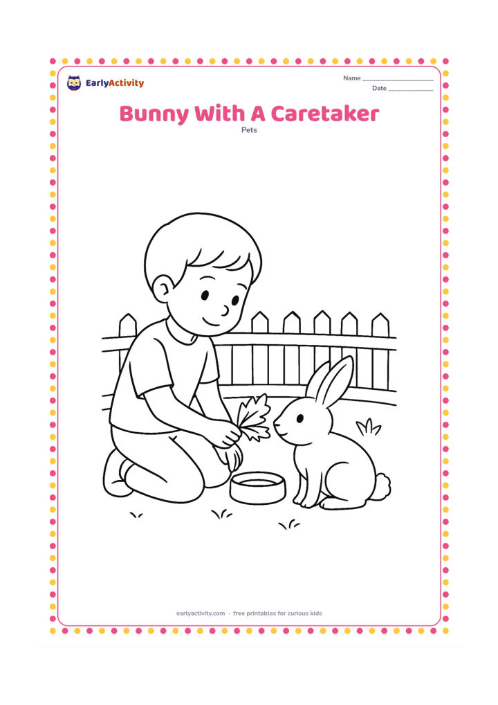 Colouring page: Draw a child gently offering leafy greens to a seated bunny in a safe outdoor pen. Include a low fence, a food bowl, and a small leafy plant, with the child kneeling at the bunny's level.