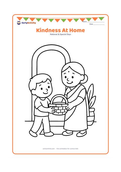 Colouring page: Draw one child helping an older family member carry a small basket inside a welcoming Indian home. Include a doorway, a floor mat and one large potted plant.