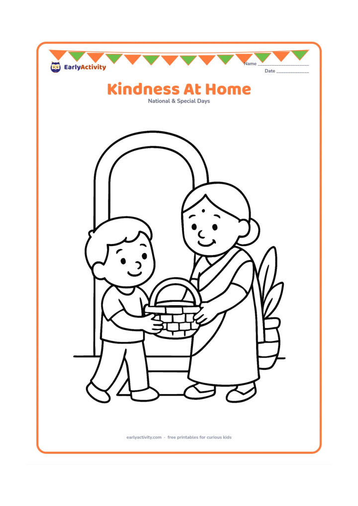 Colouring page: Draw one child helping an older family member carry a small basket inside a welcoming Indian home. Include a doorway, a floor mat and one large potted plant.