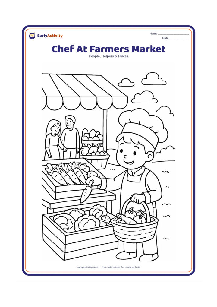 Colouring page: A child chef chooses vegetables from a friendly outdoor market stall, holding a basket with carrots and tomatoes. Show baskets of produce, a striped canopy, and a family shopping nearby,…