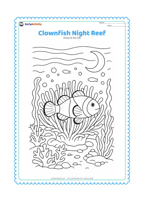 Colouring page: Place a clownfish resting in a detailed sea anemone beneath a crescent moon visible through the water surface. Surround it with layered coral, seaweed, bubbles, pebbles, and a few small…