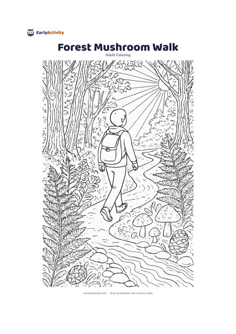 Colouring page: A person follows a woodland path past ferns, tree trunks, harmless mushrooms, pinecones and a small stream, with sunbeams between the branches. Use separate areas for bark, fern fronds,…