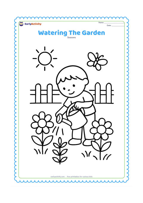 Colouring page: A child tips a watering can over two large flowers and a leafy plant in a sunny garden. Add a simple fence and one butterfly in the background.