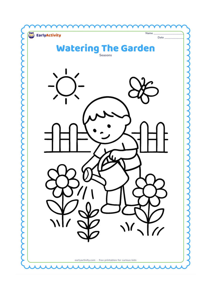 Colouring page: A child tips a watering can over two large flowers and a leafy plant in a sunny garden. Add a simple fence and one butterfly in the background.