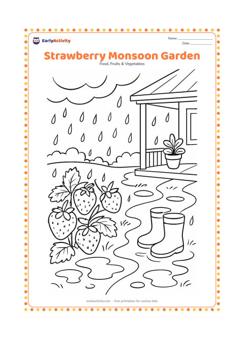 Colouring page: Draw a strawberry patch after rain with shiny berries, puddles, curved rain clouds, a covered veranda, potted plants, and a child's rain boots near the path.
