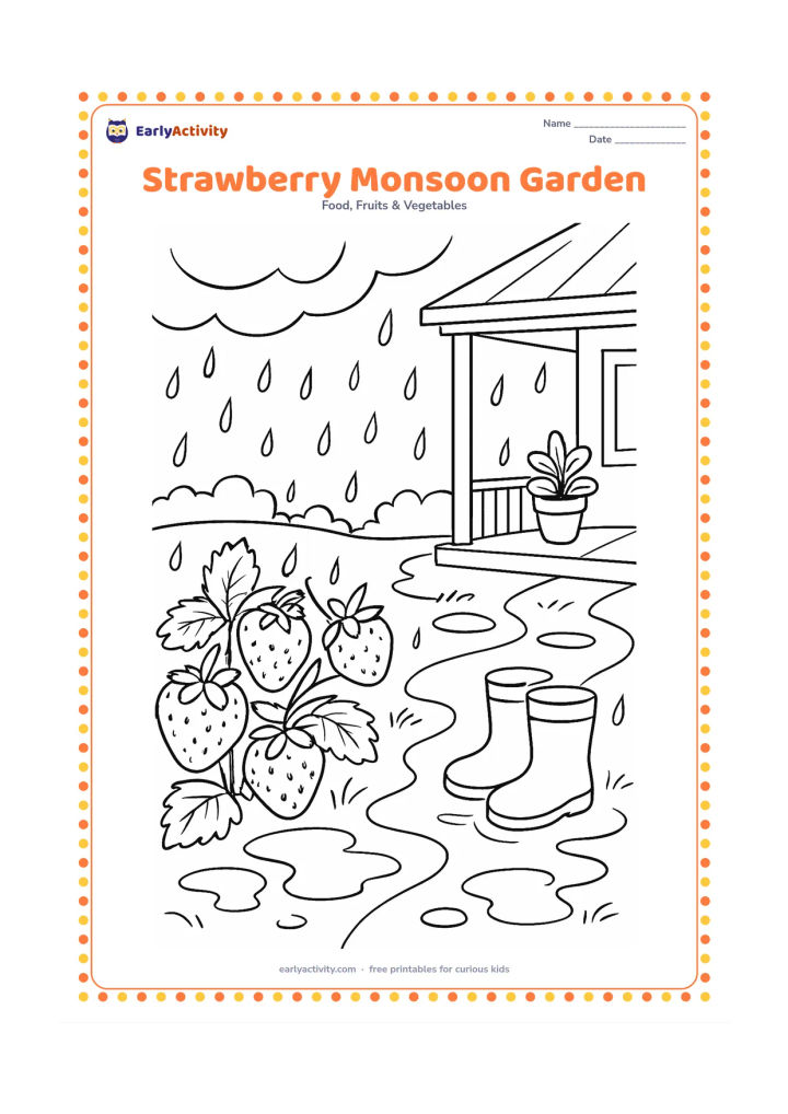 Colouring page: Draw a strawberry patch after rain with shiny berries, puddles, curved rain clouds, a covered veranda, potted plants, and a child's rain boots near the path.