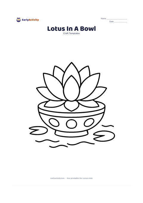 Worksheet: A lotus with several overlapping pointed petals rising from a shallow decorative bowl, with two floating leaves and a few simple water curves around it. Show the complete outline from…