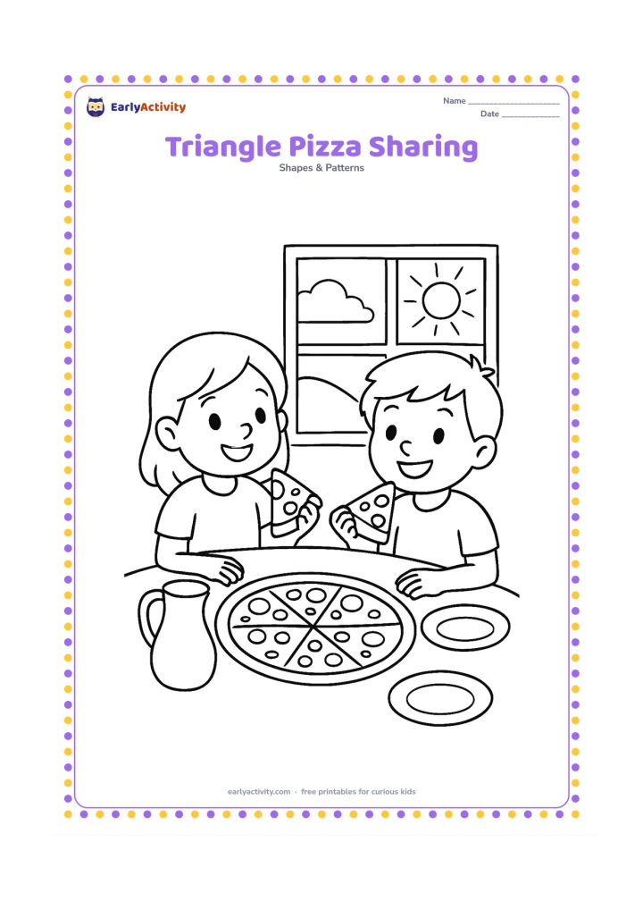 Colouring page: Two children share triangular pizza slices at a table, with a round pizza cut into clear triangular sections in the centre. Add a jug, plates, and a window showing a sunny afternoon.