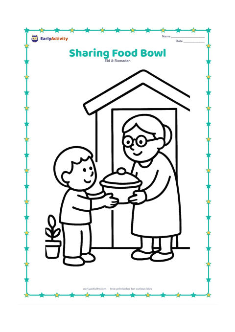 Colouring page: A child offers a large covered bowl of food to an older neighbour at a doorway, with a small plant and a simple home entrance behind them. Show both figures in a clear side view.