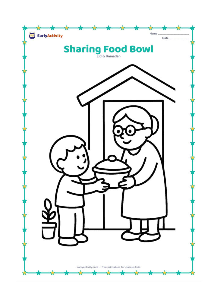 Colouring page: A child offers a large covered bowl of food to an older neighbour at a doorway, with a small plant and a simple home entrance behind them. Show both figures in a clear side view.