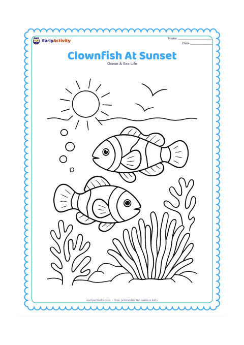 Colouring page: Place two clownfish swimming near an anemone while a low sun is visible through the ocean surface above. Add coral silhouettes, bubbles, and a few rays of light between the fish and the…